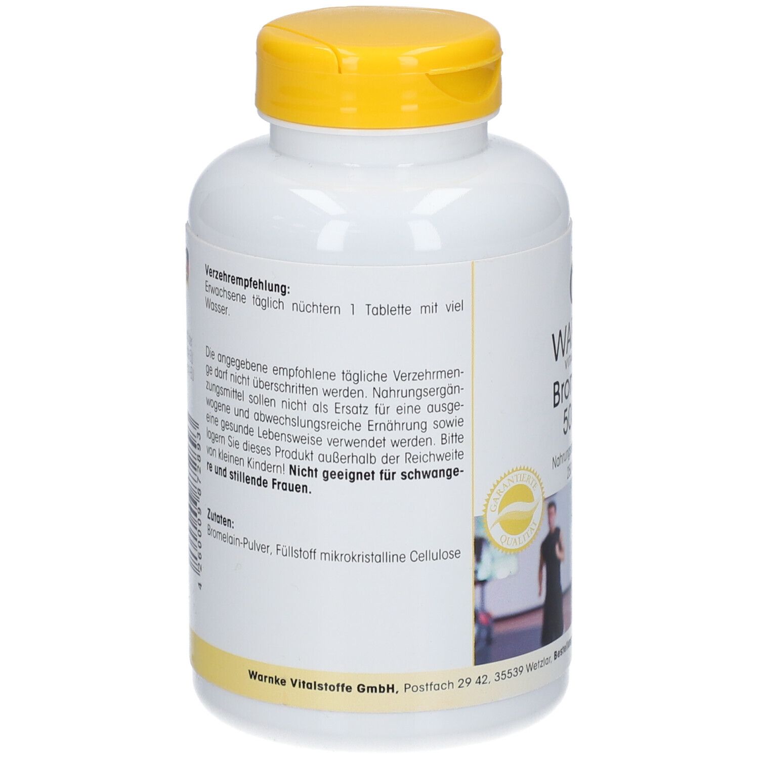 Retro di un flacone bianco con tappo giallo. Testo: Raccomandazioni, ingredienti. Immagine di una donna e un uomo.