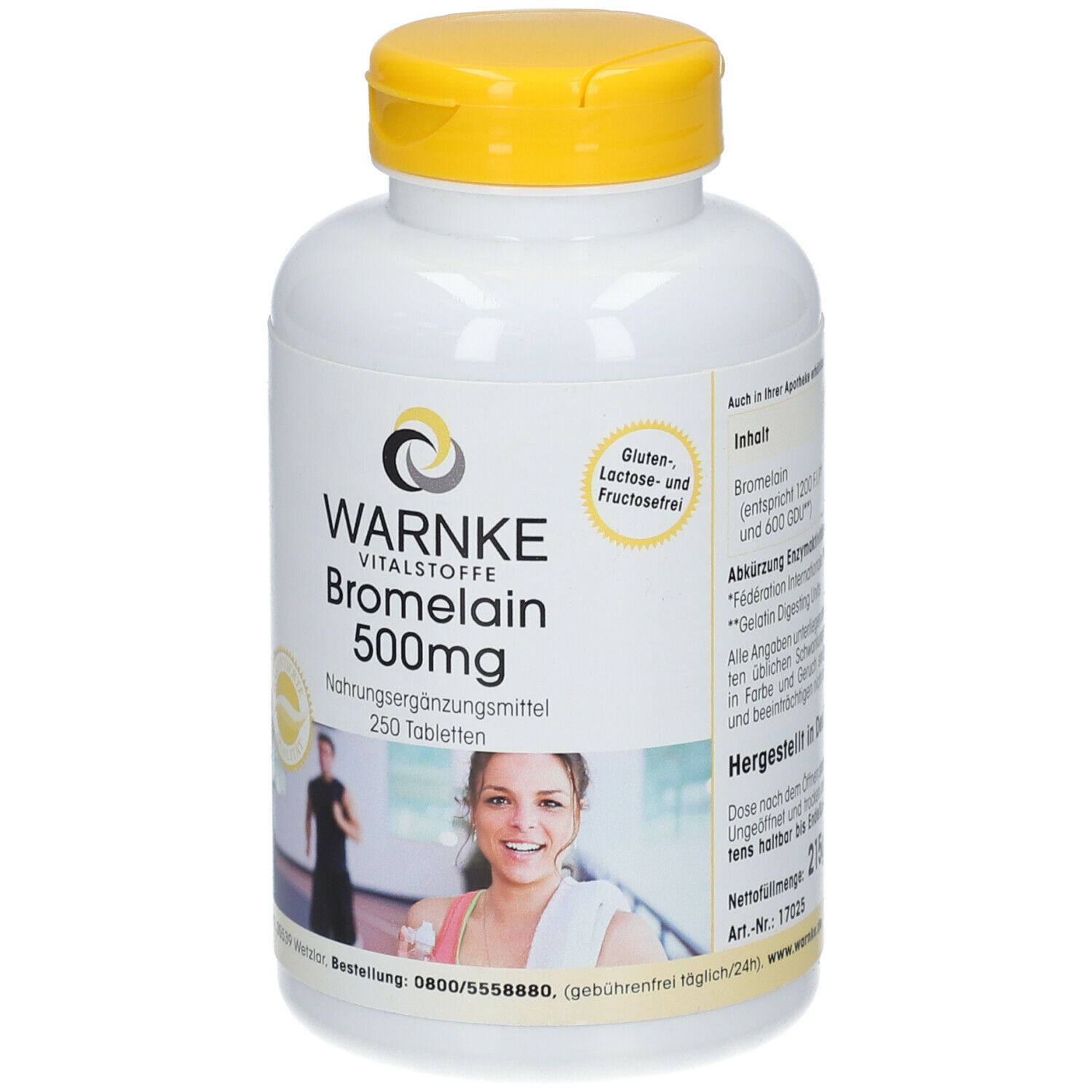 Flacone bianco con tappo giallo. Scritta: WARNKE Bromelina 500mg, 250 compresse. Testo: Senza glutine, lattosio e fruttosio.