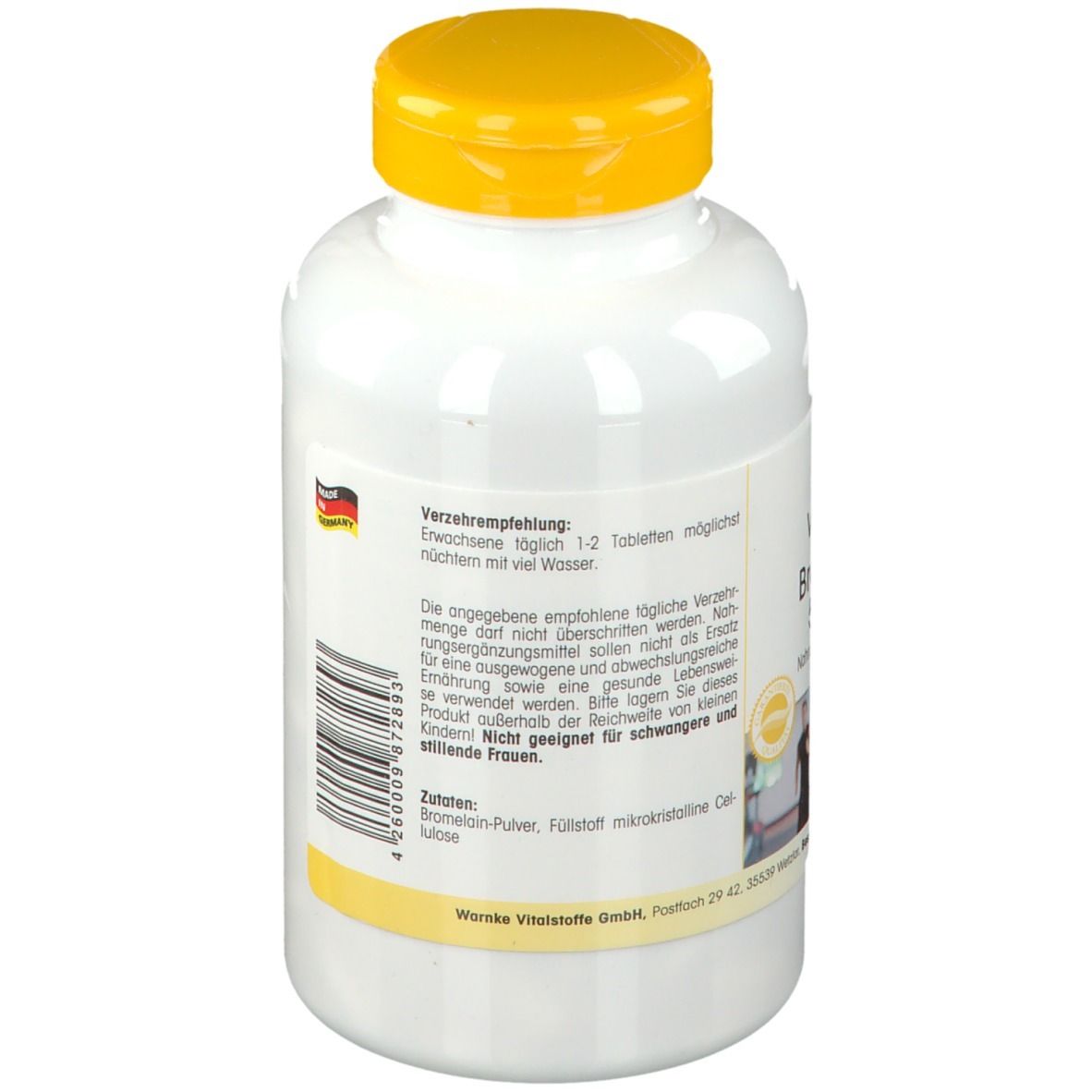 Retro di un flacone bianco con tappo giallo. Testo: Contenuto, prodotto in Germania. Peso netto 215g (250 compresse).