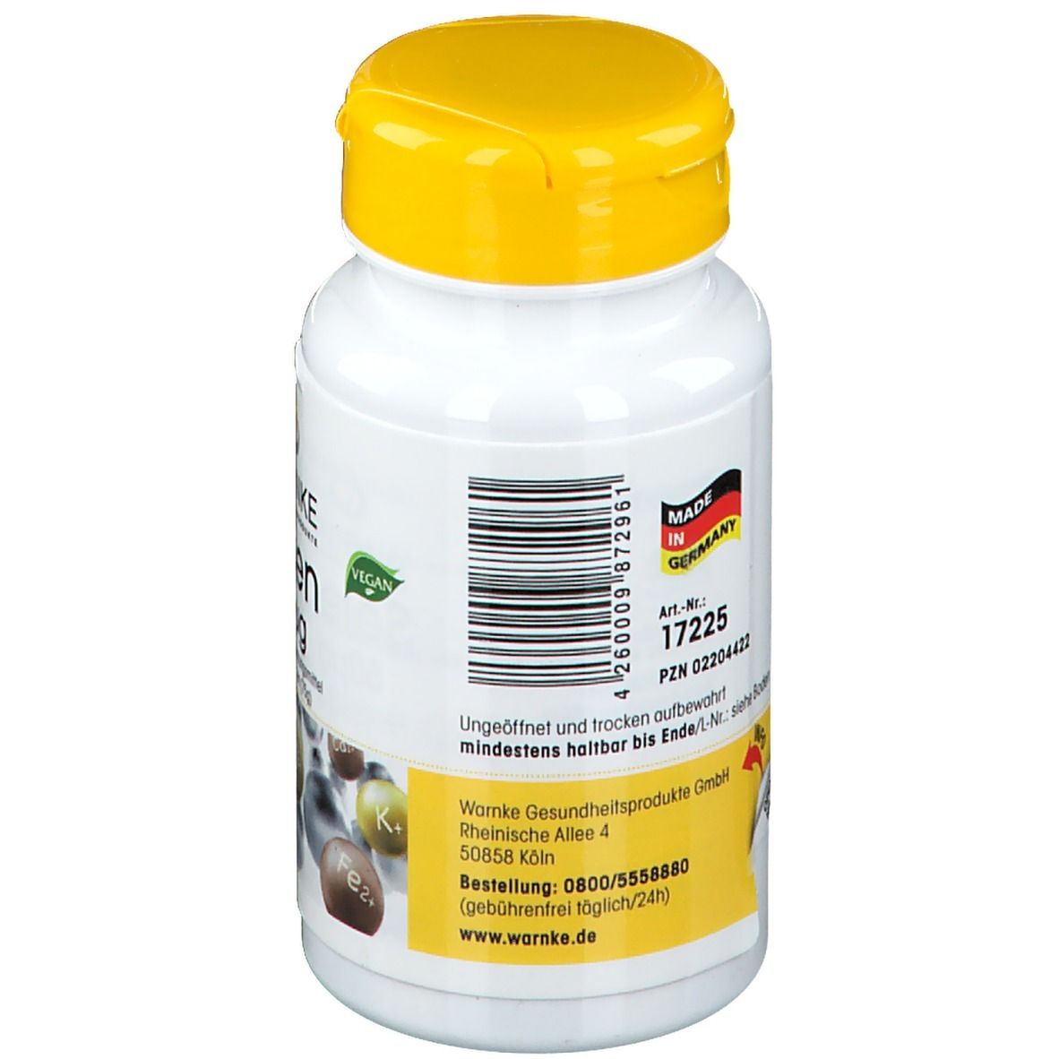 Retro del flacone bianco con tappo giallo. Codice a barre, Made in Germany. Informazioni sull'azienda e la durata.