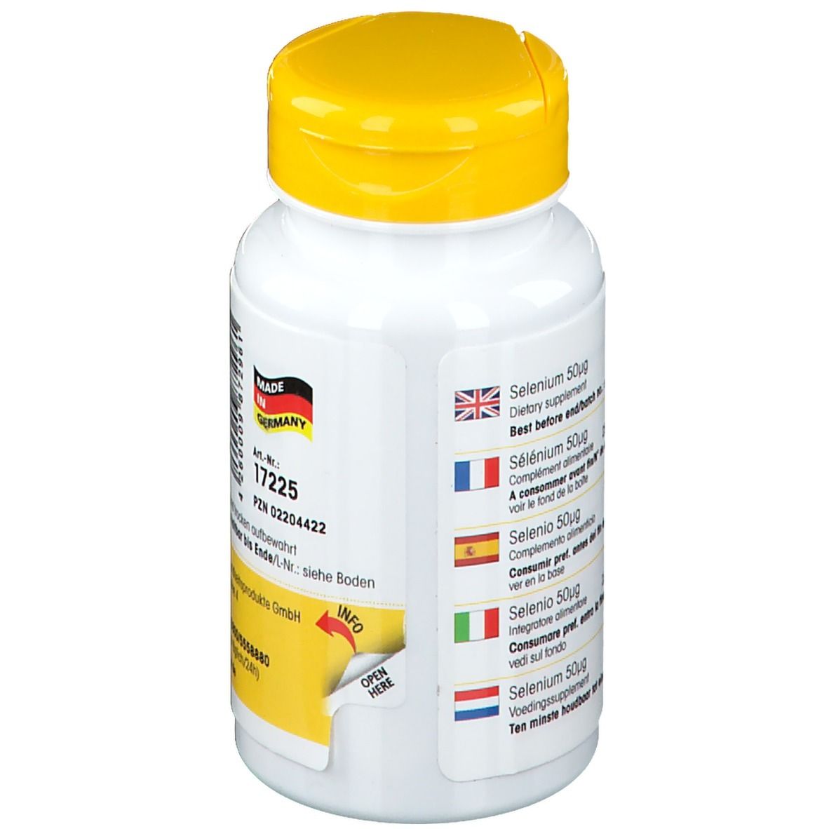 Retro del flacone bianco con tappo giallo. Informazioni multilingue sul prodotto. Made in Germany.