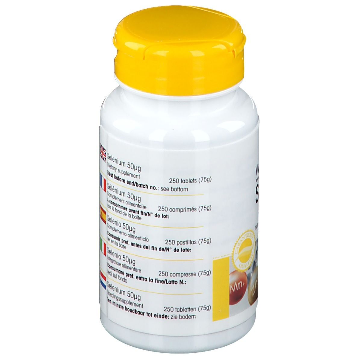 Retro del flacone bianco con tappo giallo. Informazioni multilingue sul prodotto. Contiene 250 compresse.