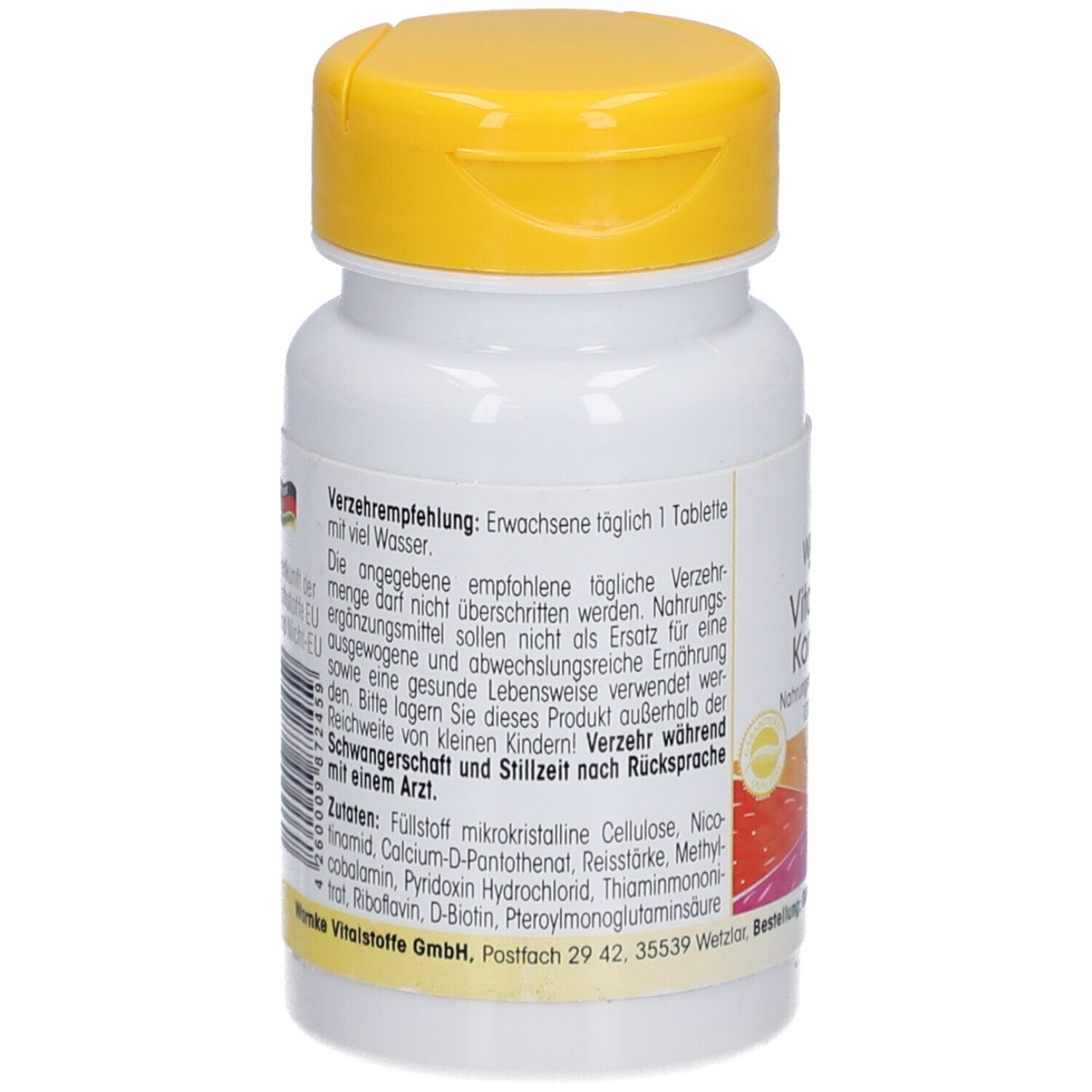 Retro del flacone di compresse. Testo: Prodotto in Germania. Informazioni nutrizionali. Bandiere multilingue. 45g (100 compresse).