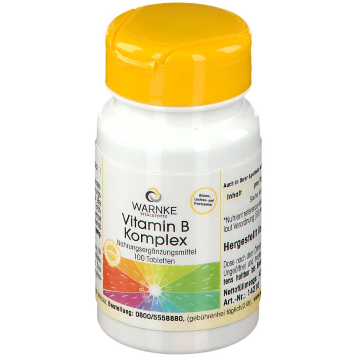 Flacone di compresse bianco con coperchio giallo. Scritta: WARNKE Vitamin B Komplex. 100 compresse. Sfondo colorato.