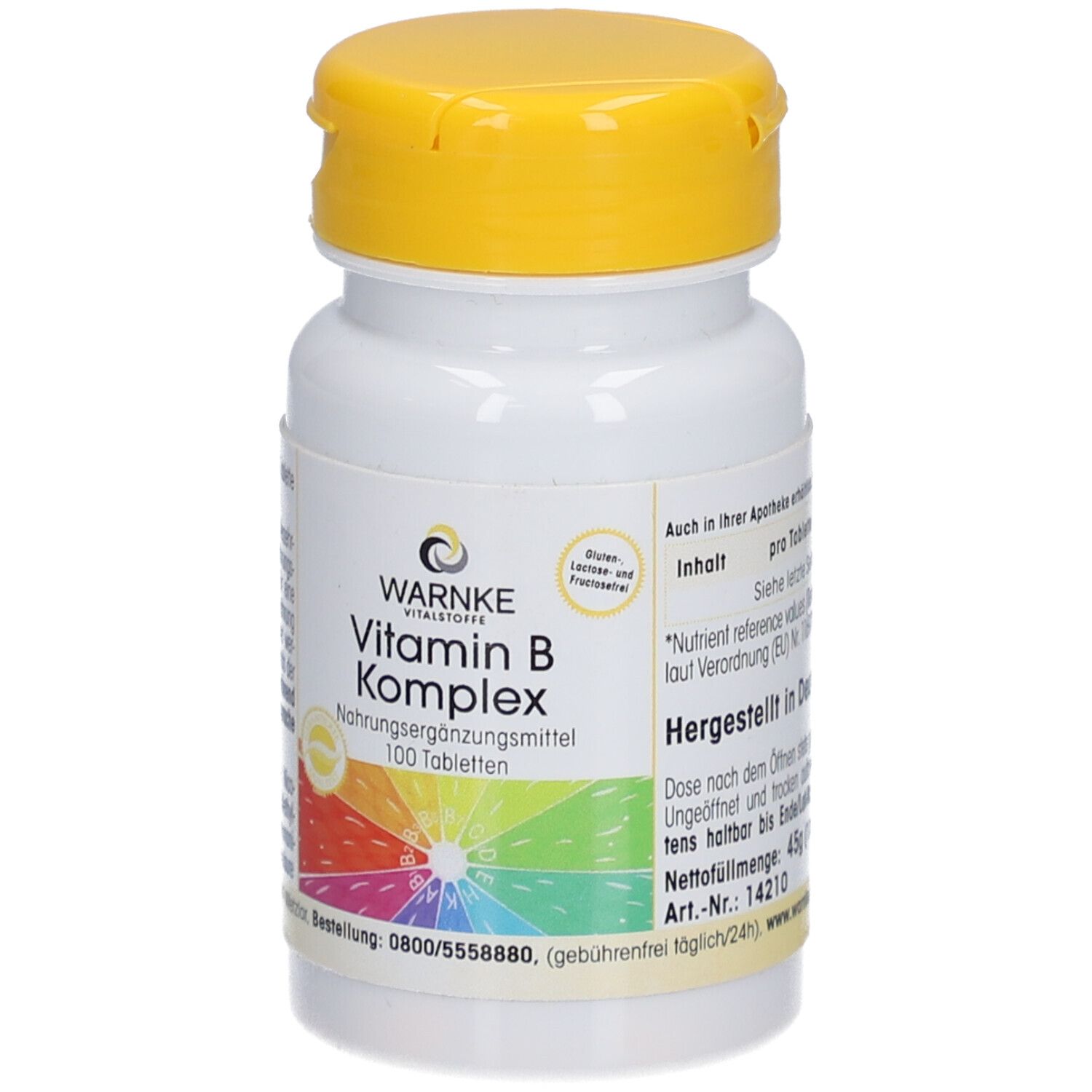 Flacone di compresse bianco con coperchio giallo. Scritta: WARNKE Vitamin B Komplex. 100 compresse. Sfondo colorato.