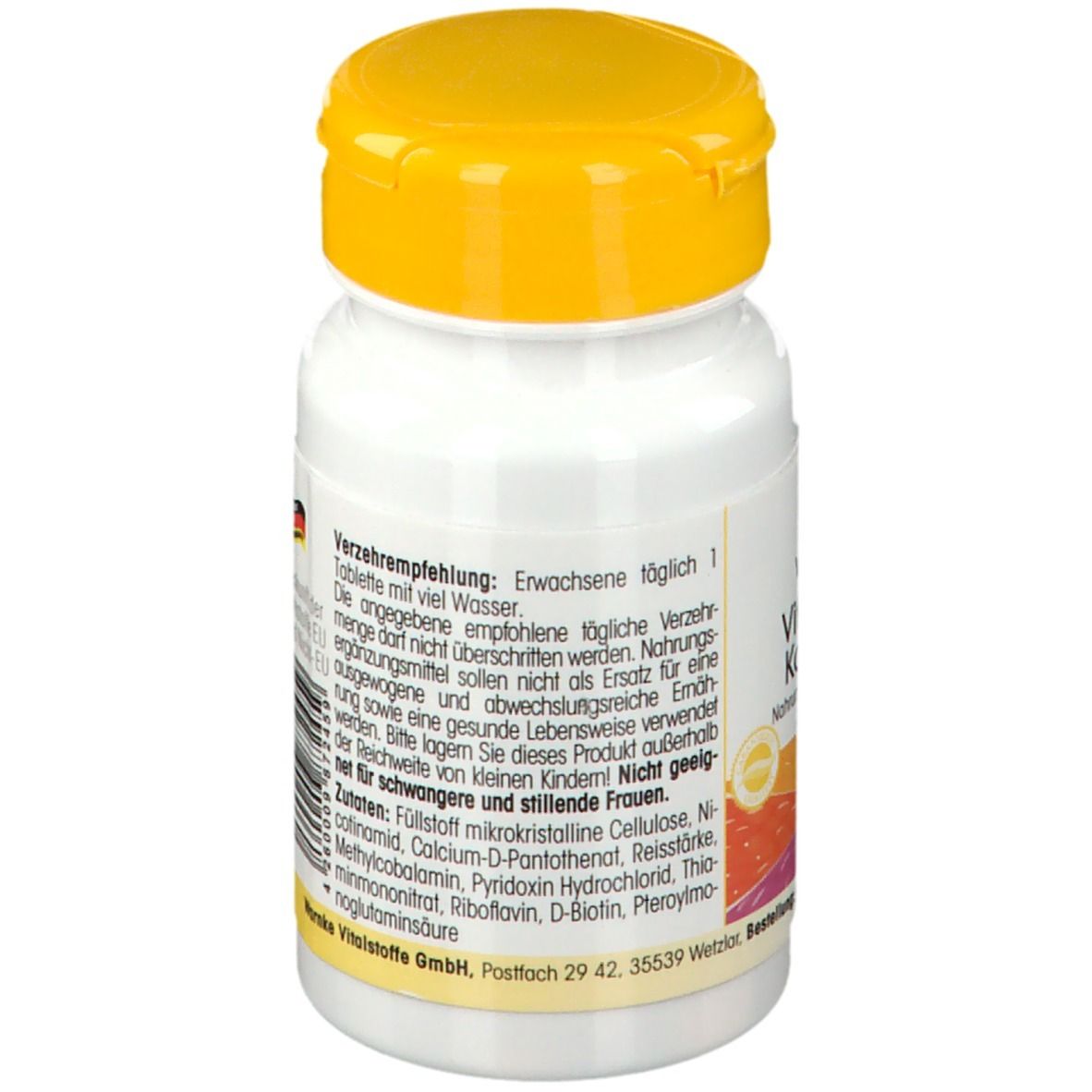 Retro del flacone di compresse. Testo: Prodotto in Germania. Informazioni nutrizionali. Bandiere multilingue. 45g (100 compresse).