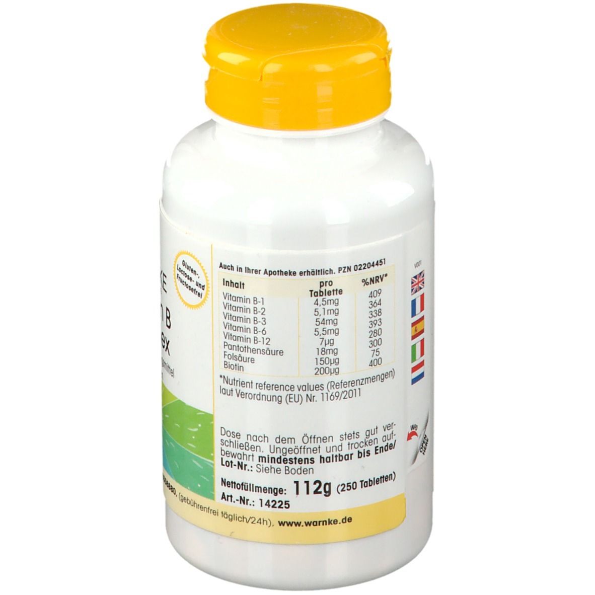 Retro del flacone bianco con tappo giallo. Contiene informazioni nutrizionali. Bandiere multilingue.