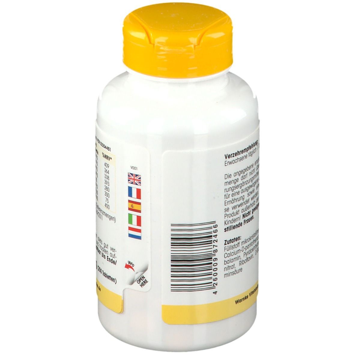Retro del flacone bianco con tappo giallo. Codice a barre e bandiere multilingue.