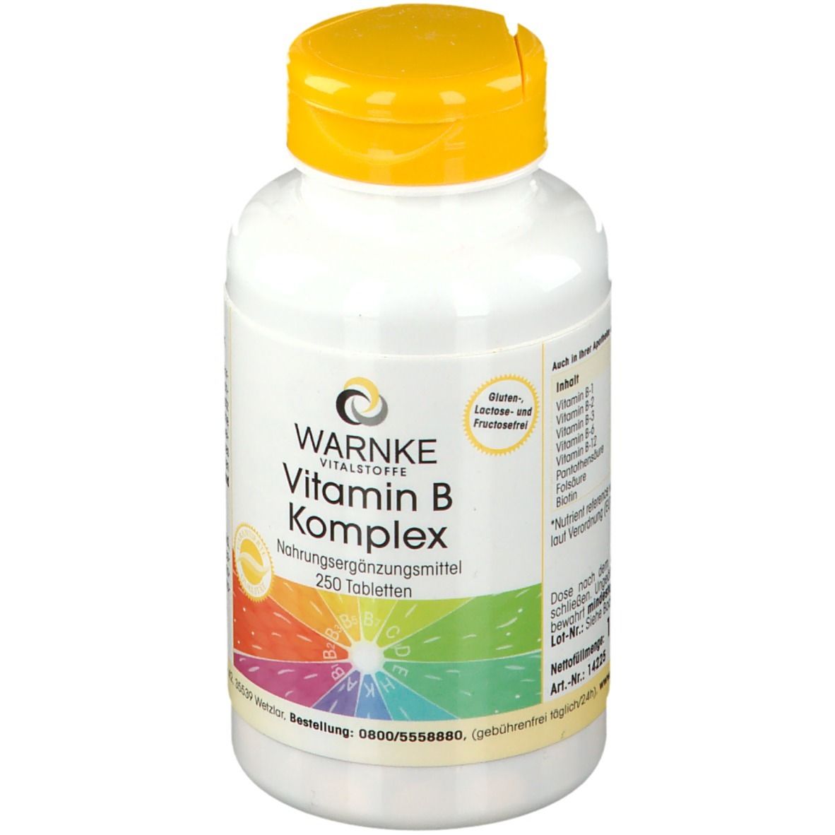 Flacone bianco con tappo giallo. Scritta: WARNKE Vitamin B Komplex, 250 compresse. Arcobaleno colorato.