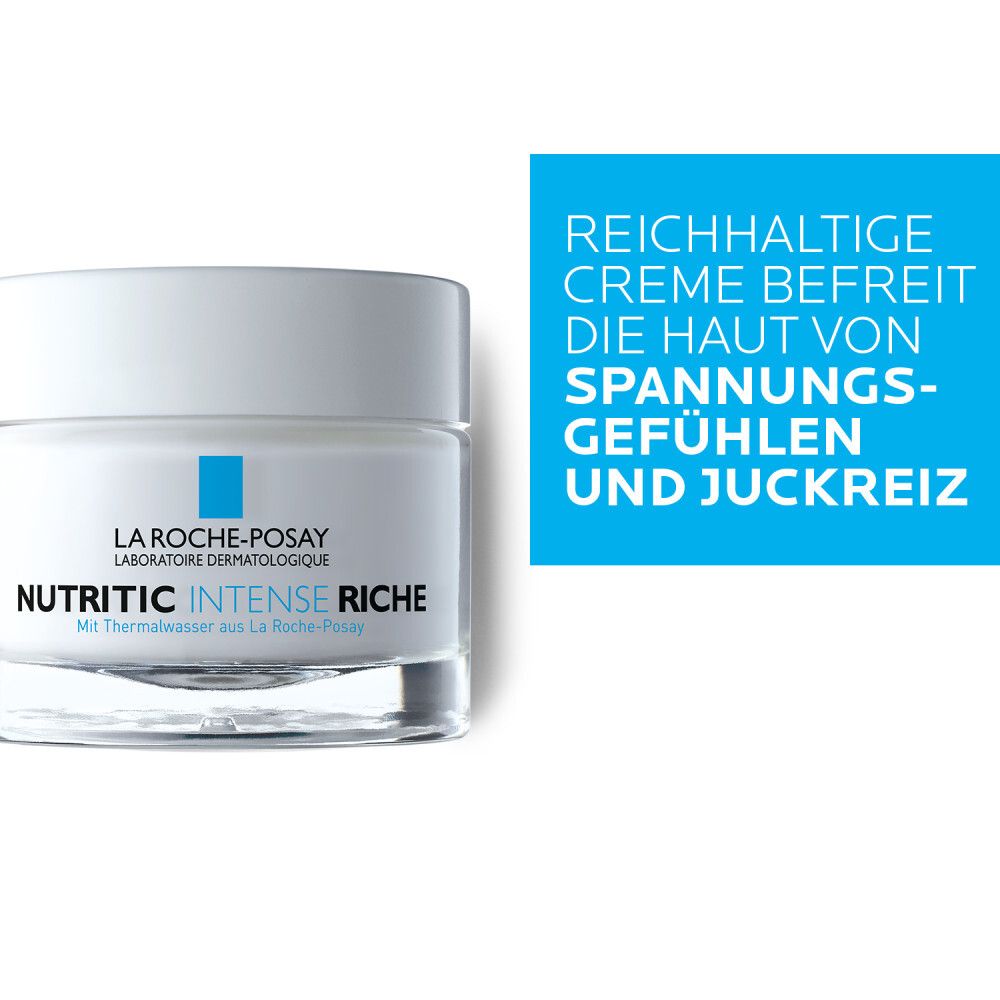 Vasetto di crema La Roche-Posay Nutritic Intense Riche. Testo su sfondo blu: crema ricca libera la pelle.