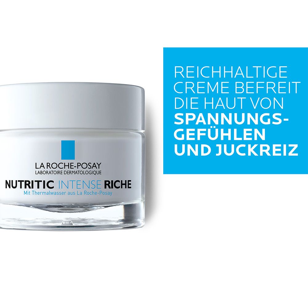 Vasetto di crema La Roche-Posay Nutritic Intense Riche. Testo su sfondo blu: crema ricca libera la pelle.