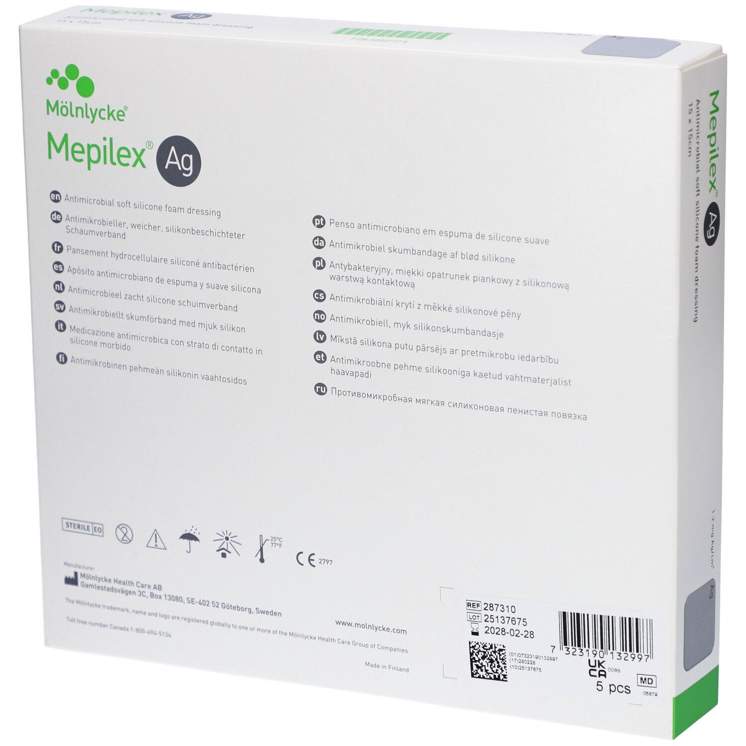 Medicazione Mölnlycke Mepilex Ag antimicrobica, 15 x 15 cm.