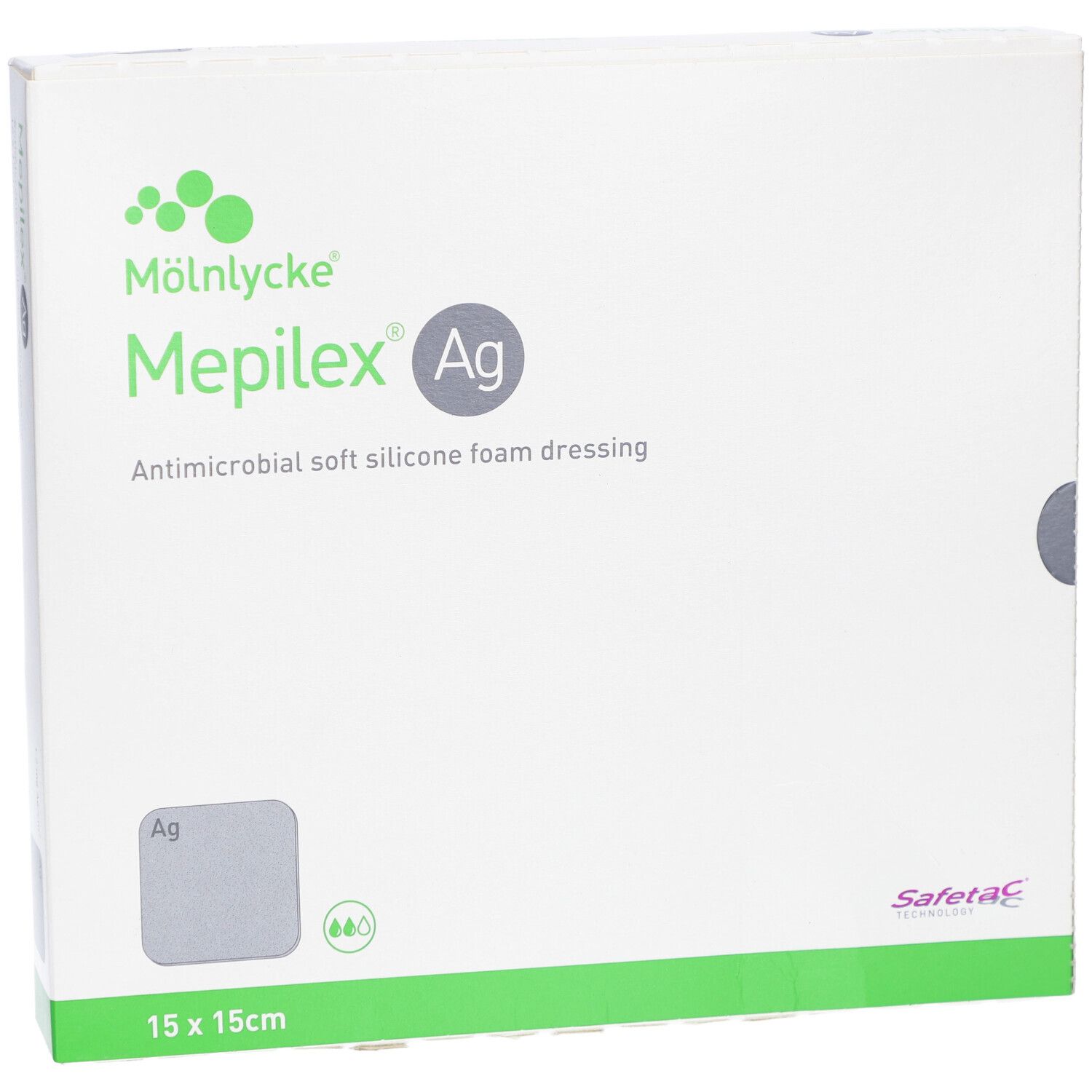 Confezione Mepilex Ag, medicazione antimicrobica in silicone, 15x15cm.