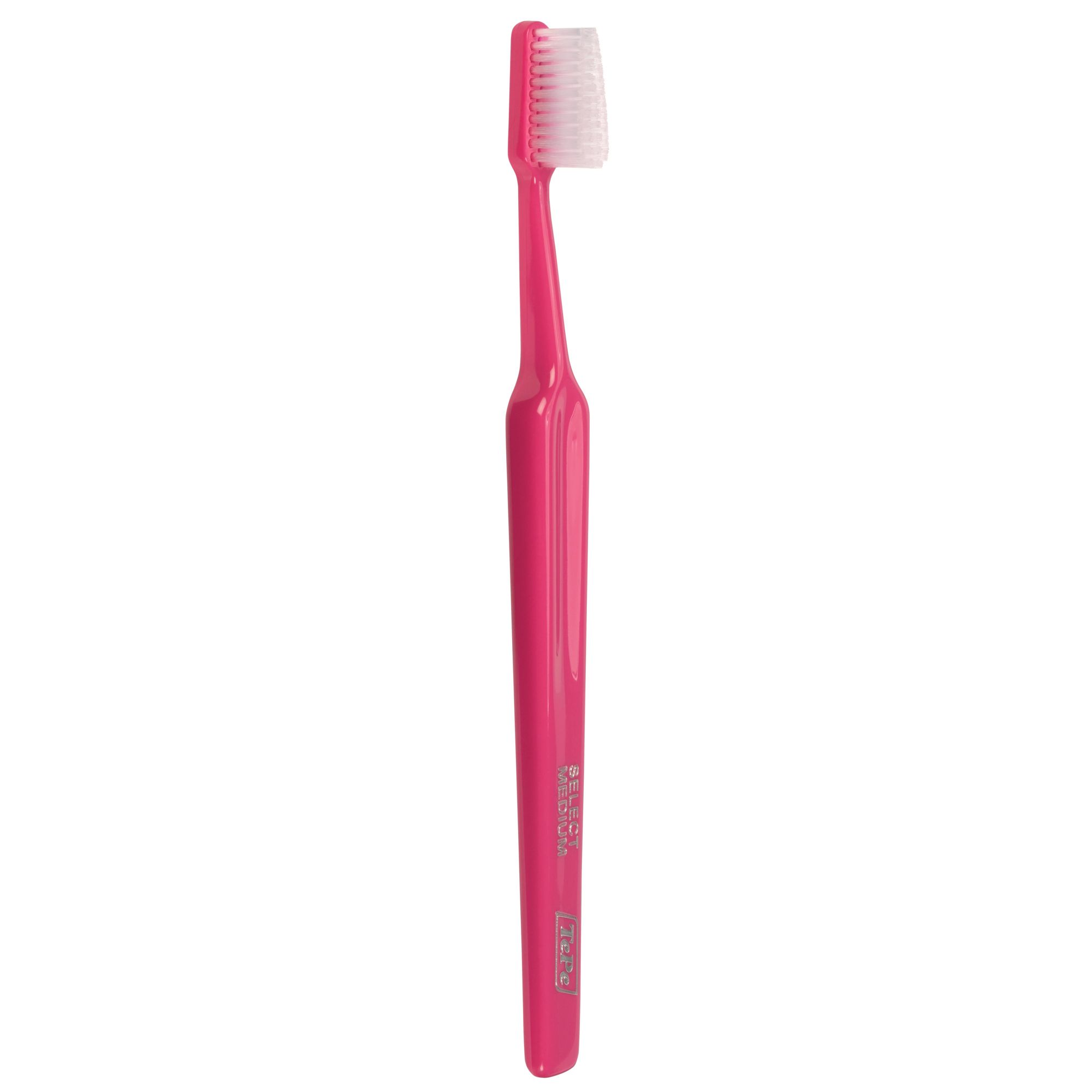 Spazzolino rosa TePe Select Medium. Setole bianche, manico rosa. Nome del prodotto e marchio sul manico.