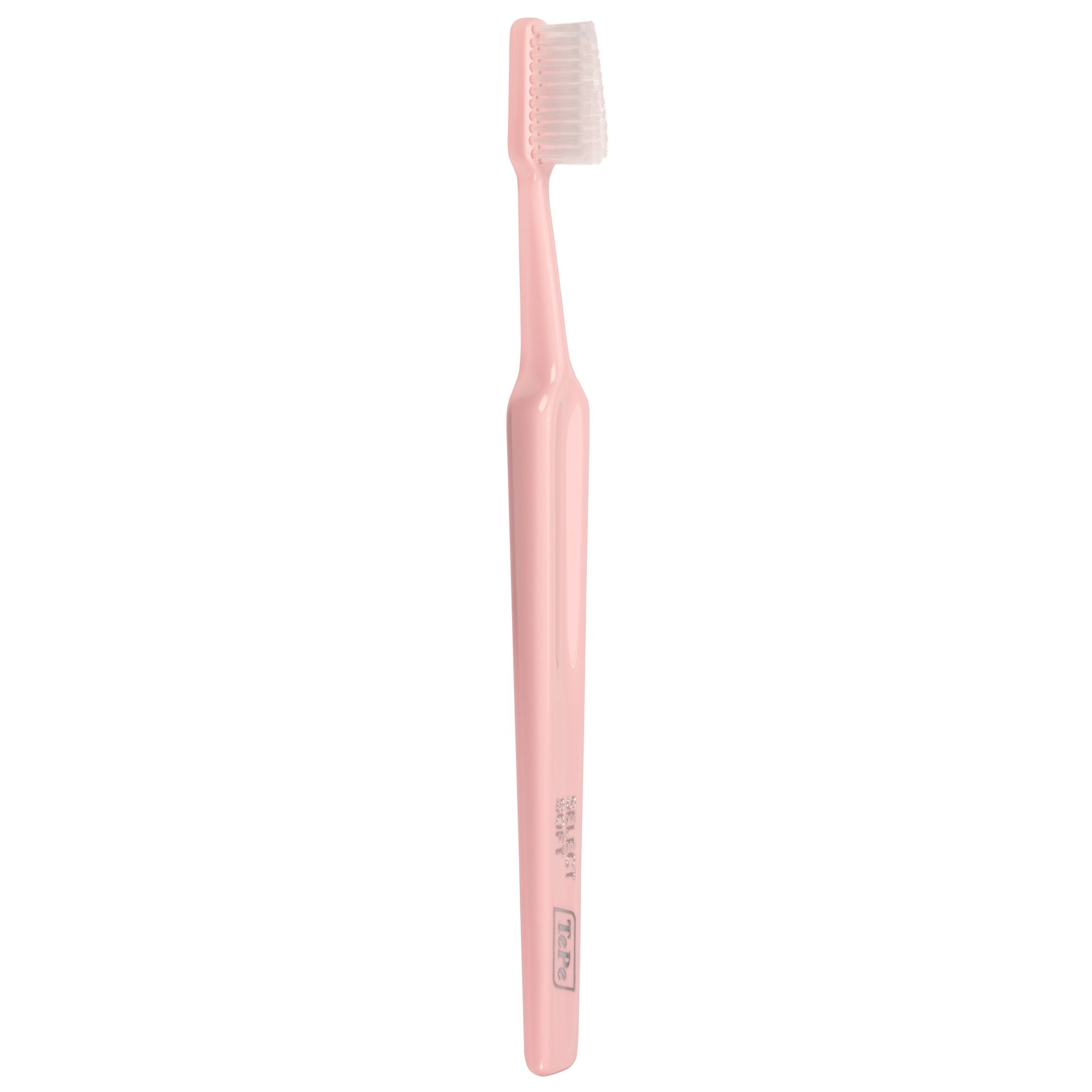 Spazzolino rosa TePe Select Soft. Testina bianca. Manico con logo. Scritta: SELECT SOFT.