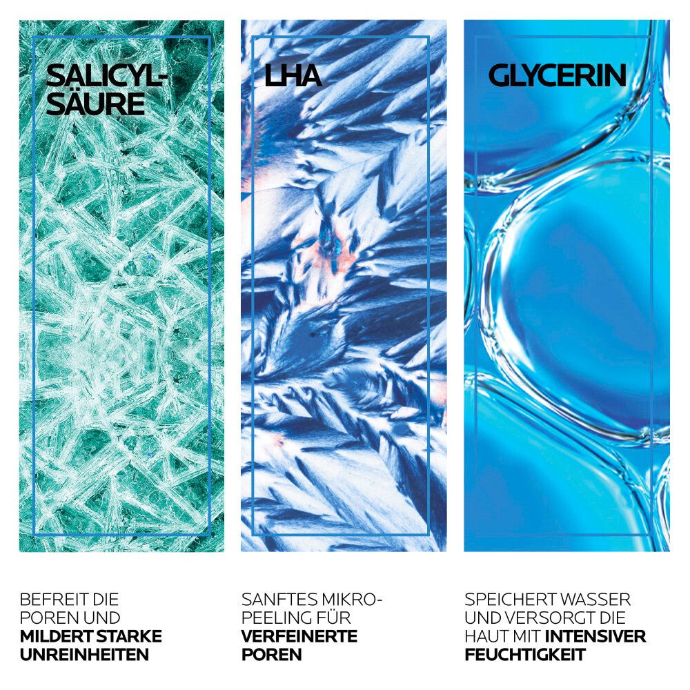 Tre pannelli con ingredienti: acido salicilico, LHA e glicerina. Descrizioni: imperfezioni, pori, idratazione.