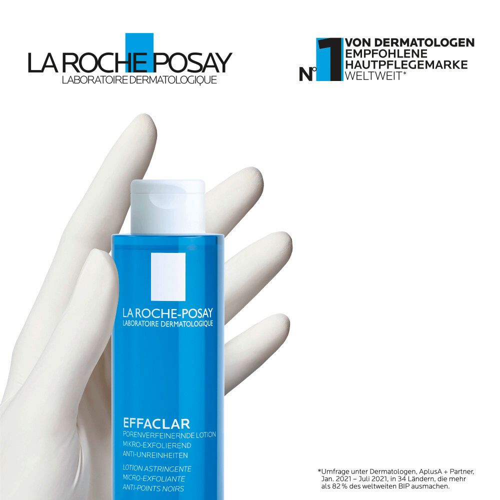 La Roche-Posay EFFACLAR Lotion. Flacone blu con tappo bianco. Raccomandato dai dermatologi.