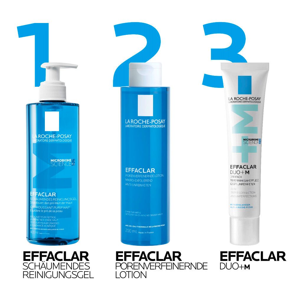 Tre prodotti: EFFACLAR Gel detergente, Lozione e Duo+M. Flaconi blu e tubo. Nomi dei prodotti visibili.