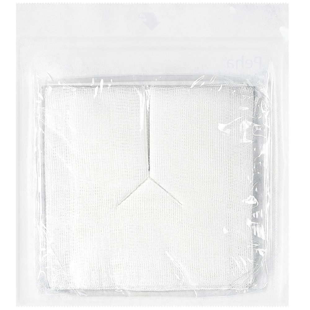 Singola compressa fessurata sterile in confezione trasparente. Quadrata, fessura a Y.