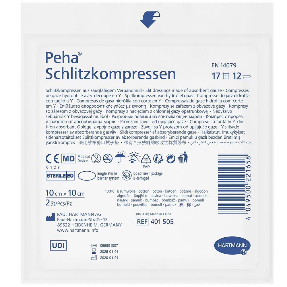 Confezione di compresse fessurate Peha®. Informazioni sul prodotto, dimensioni 10x10 cm, 2 pezzi.