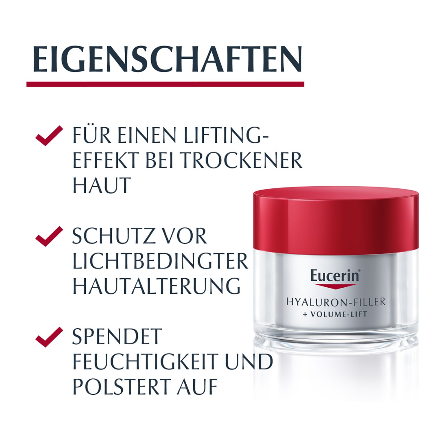 Eucerin Hyaluron-Filler + Volume-Lift Crema giorno per pelli secche in vasetto con tappo rosso. A sinistra: proprietà come effetto lifting, protezione anti-invecchiamento, idratazione.