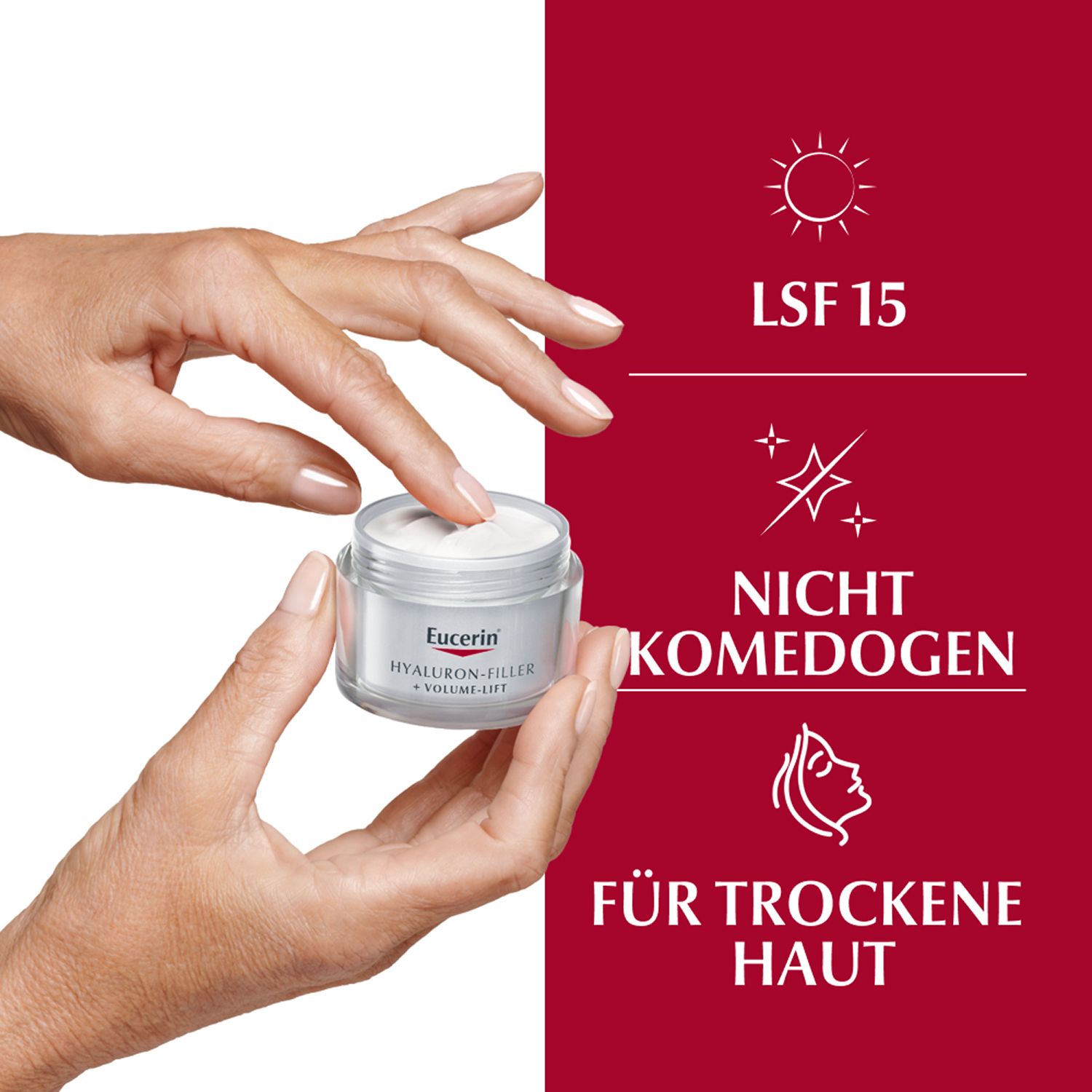 Mani prelevano Eucerin Hyaluron-Filler + Volume-Lift Crema giorno per pelli secche dal vasetto. A destra: simboli per SPF 15, non comedogenico, per pelli secche.