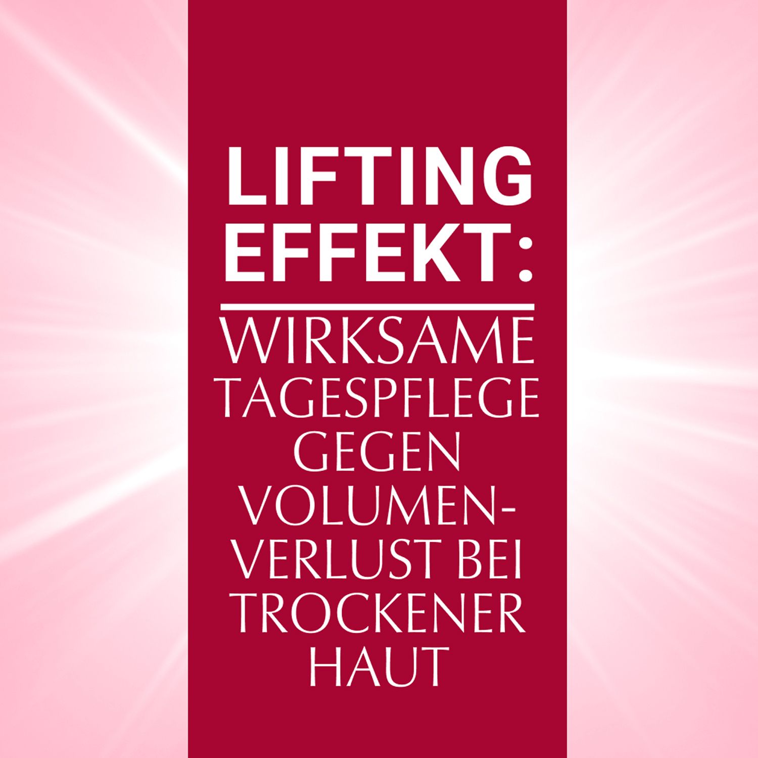 Grafica testuale con il titolo 'Effetto lifting: crema giorno efficace contro la perdita di volume per pelli secche'.
