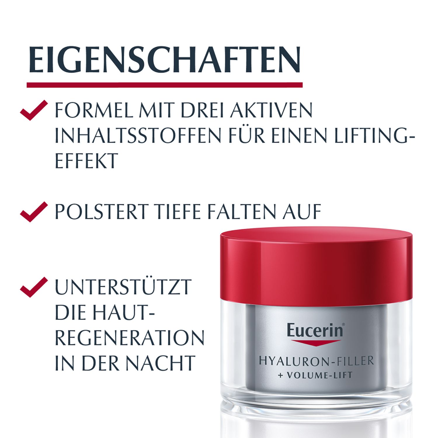 Vasetto Eucerin Hyaluron-Filler Notte con testo sulle proprietà come effetto lifting e rigenerazione cutanea.