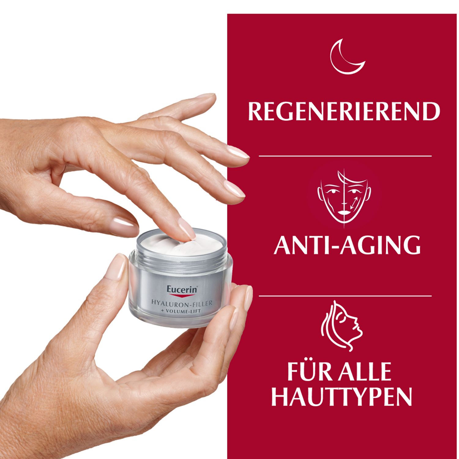 Mano preleva la crema notte Eucerin Hyaluron-Filler dal vasetto. Icone per anti-età e tutti i tipi di pelle.