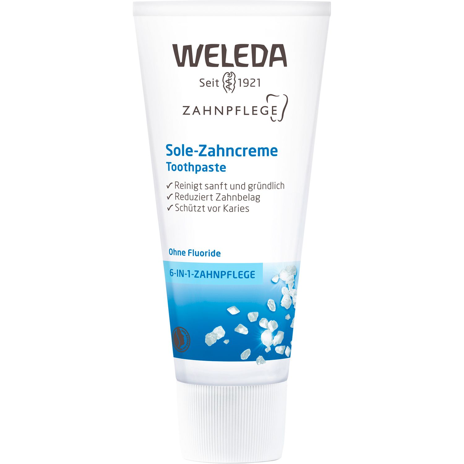 Tubo di dentifricio Weleda Sole-Zahncreme. Testo: pulisce delicatamente, riduce la placca, protegge dalla carie. Senza fluoro.