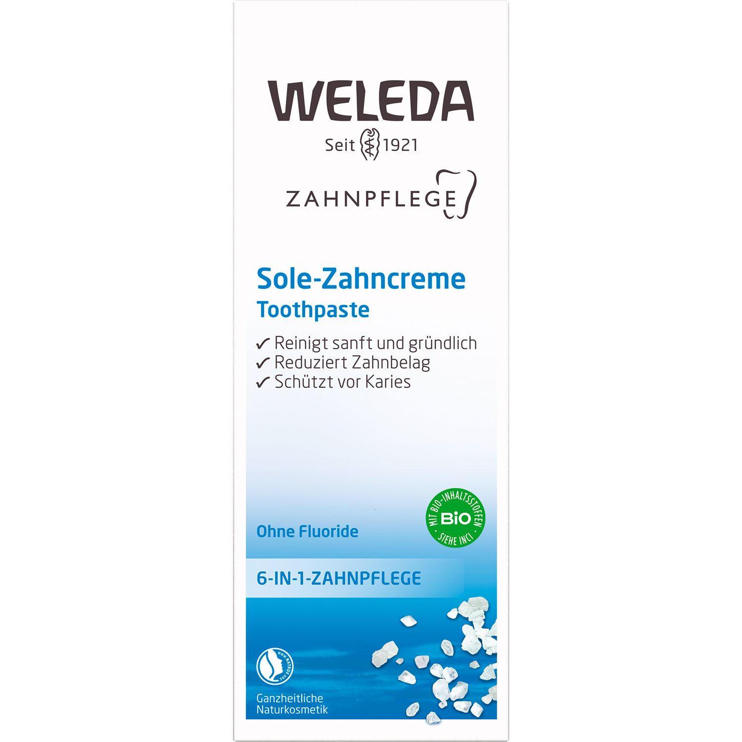Confezione di dentifricio Weleda Sole-Zahncreme. Testo: pulisce delicatamente, riduce la placca, protegge dalla carie. Senza fluoro.