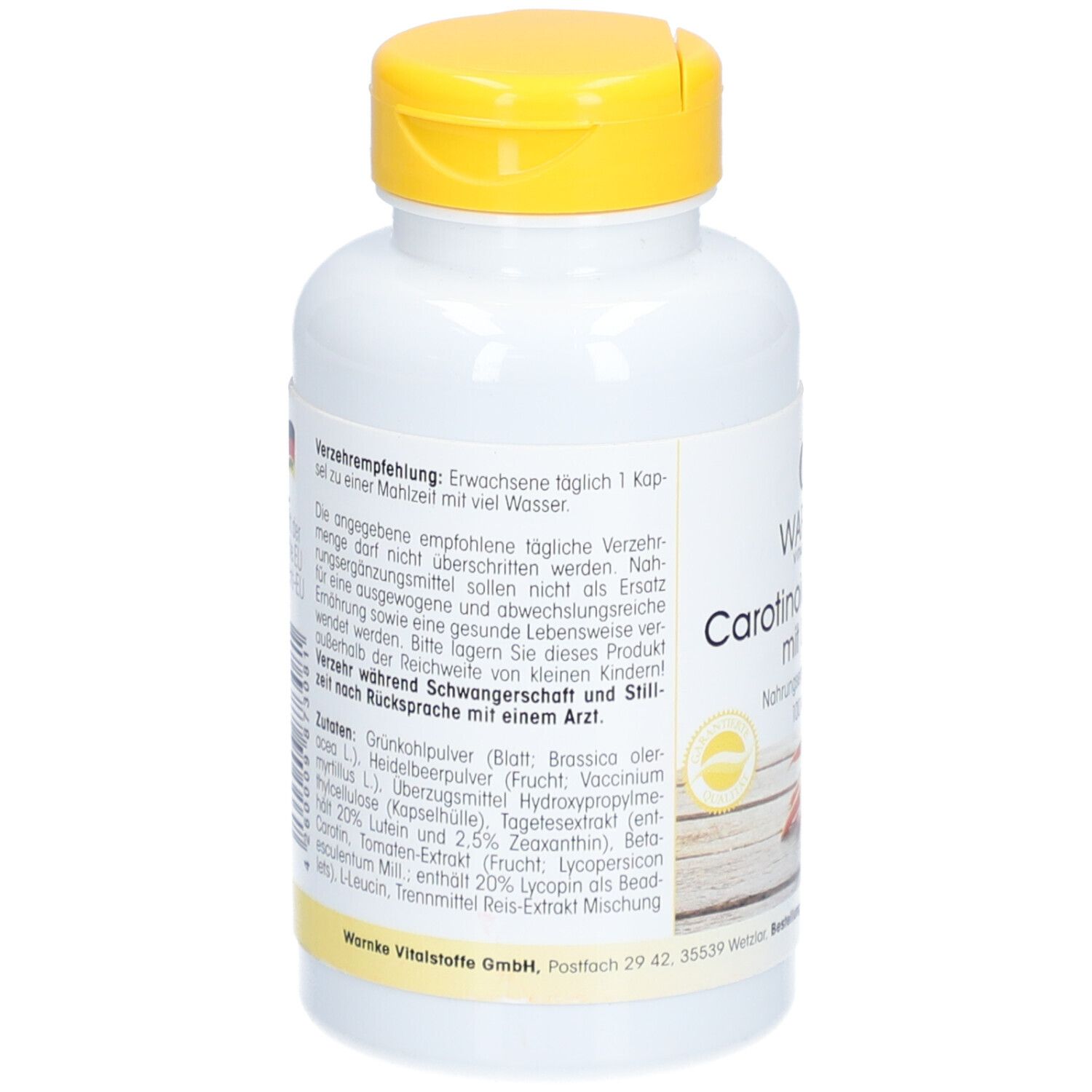 Retro del flacone bianco con tappo giallo. Testo sulle raccomandazioni per l'uso e gli ingredienti. Senza glutine e lattosio.