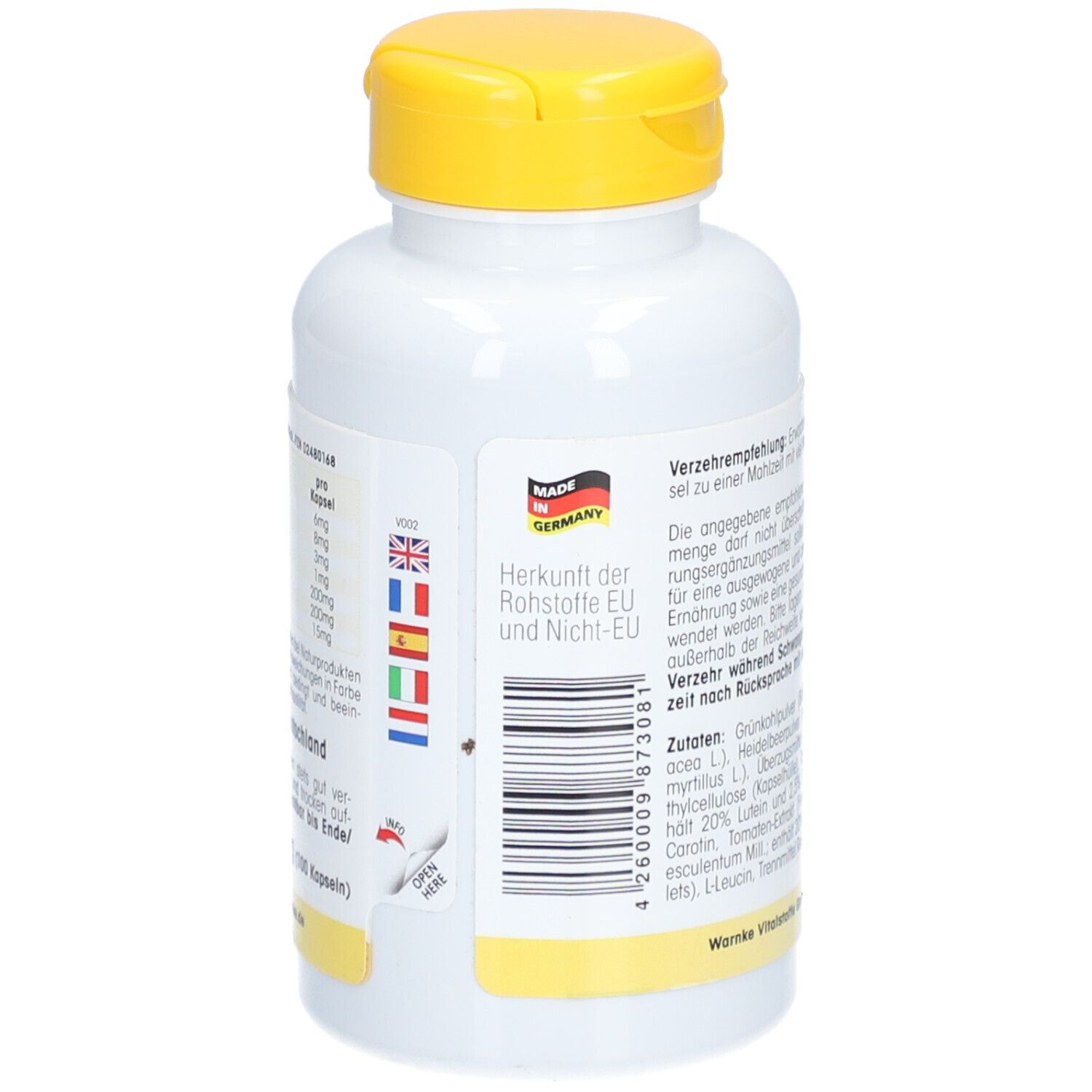 Retro del flacone bianco con tappo giallo. Testo, codice a barre e bandiere. Prodotto in Germania.