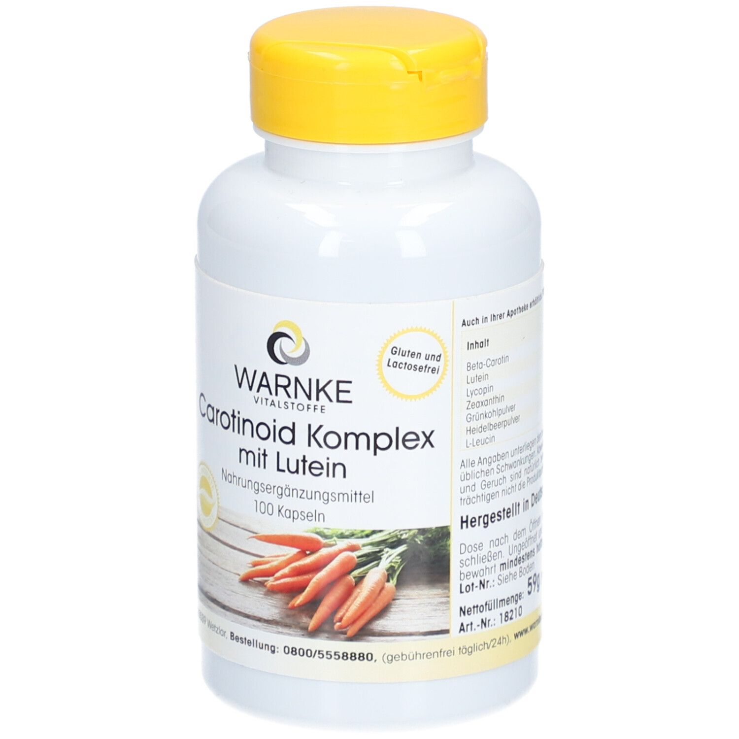 Flacone bianco con tappo giallo. Scritta: WARNKE Vitalstoffe, Carotinoid Komplex mit Lutein, 100 capsule. Senza glutine e lattosio.