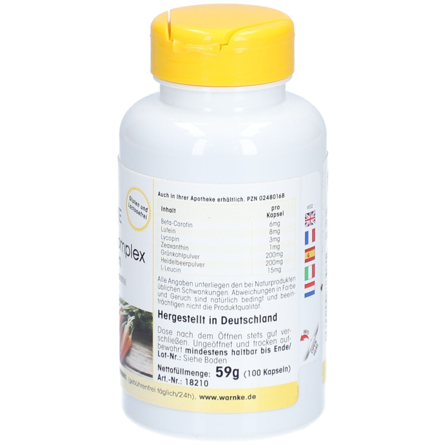 Retro del flacone bianco con tappo giallo. Ingredienti, dosaggio, prodotto in Germania. Peso netto: 59g.