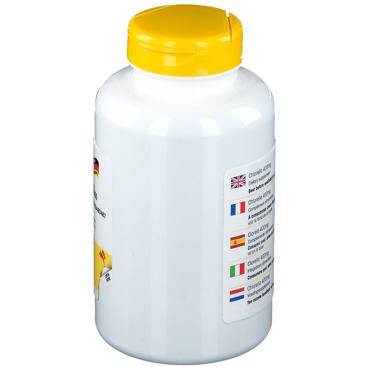 Flacone bianco con tappo giallo. Scritta: Chlorella 400mg. Informazioni multilingue. Made in Germany.