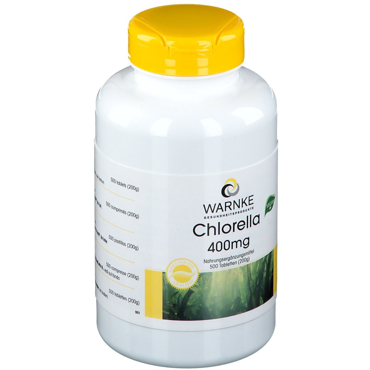 Flacone bianco con tappo giallo. Scritta: WARNKE Chlorella 400mg. 500 compresse. Sigillo vegano.