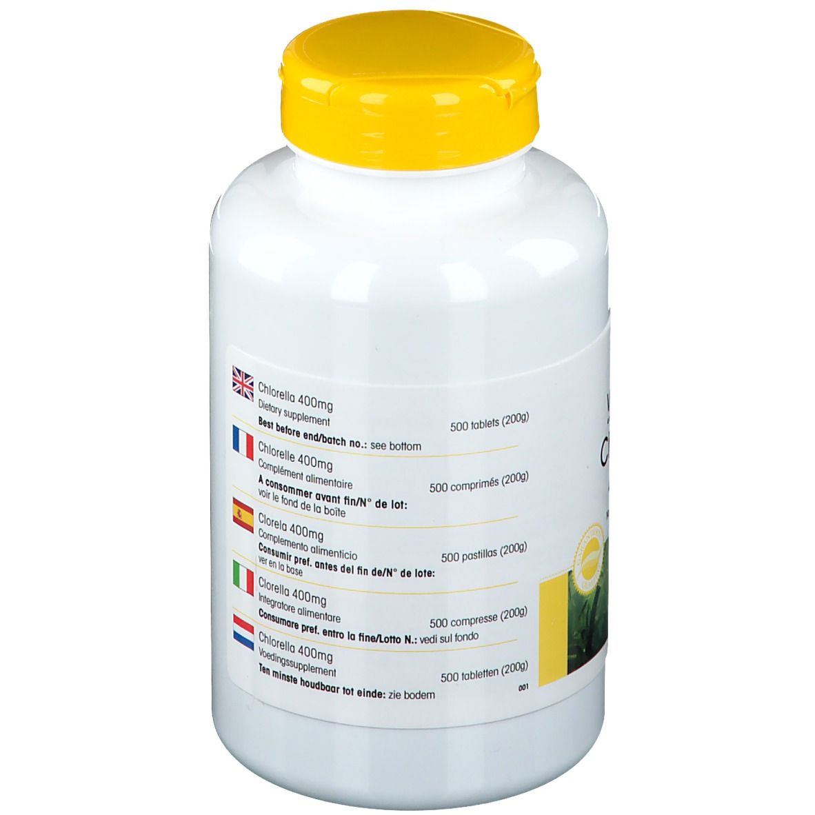 Retro del flacone bianco con tappo giallo. Scritta: Chlorella 400mg. Informazioni multilingue. 500 compresse.