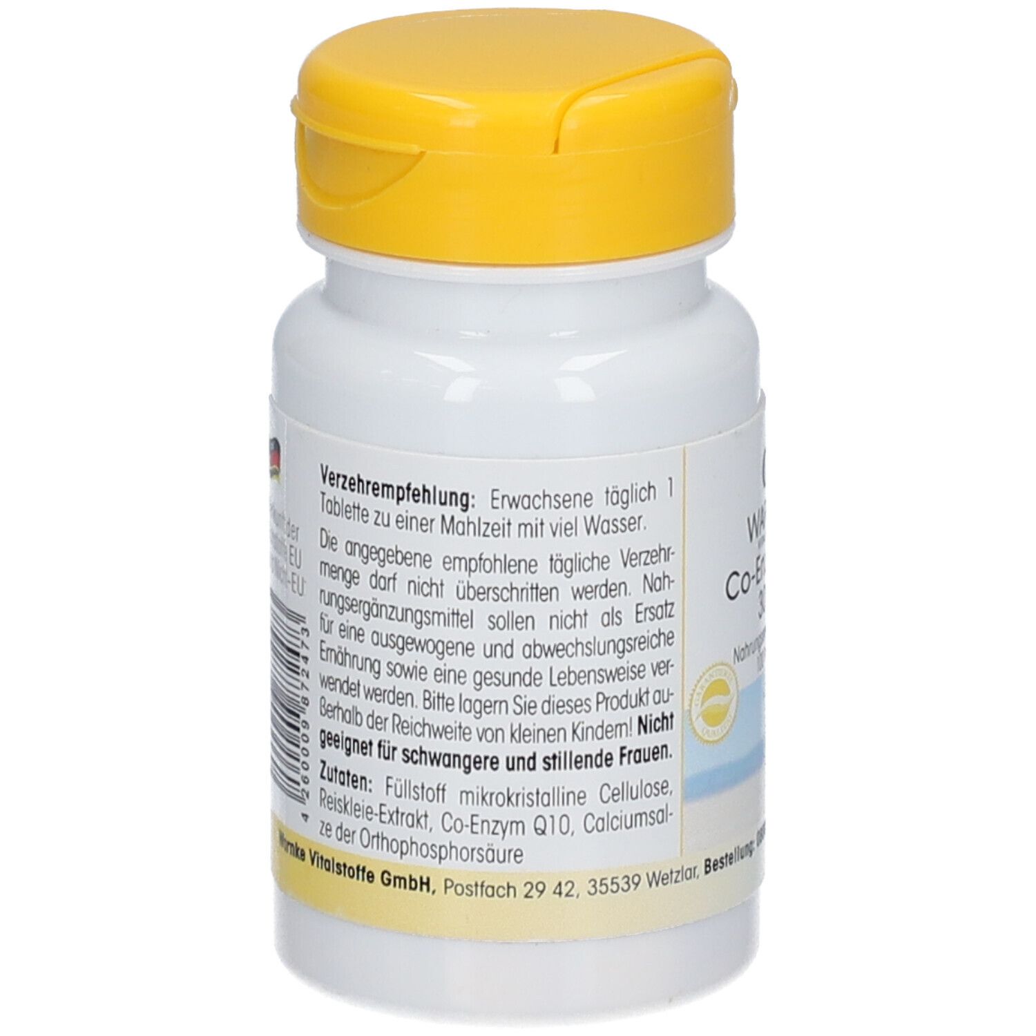 Retro del flacone di compresse. Testo sul dosaggio raccomandato e sugli ingredienti. Avvertenza per i bambini. Indirizzo del produttore.