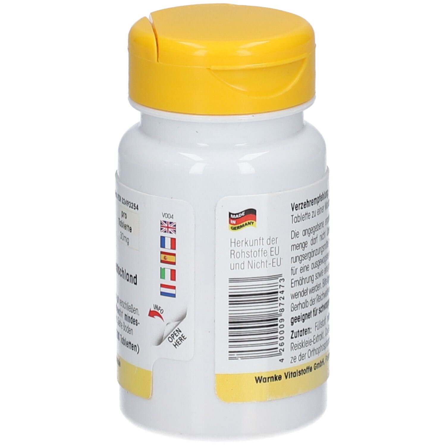 Retro del flacone di compresse con testo e bandiere dei paesi dell'UE. Prodotto in Germania. Codice a barre e indicazione di apertura.