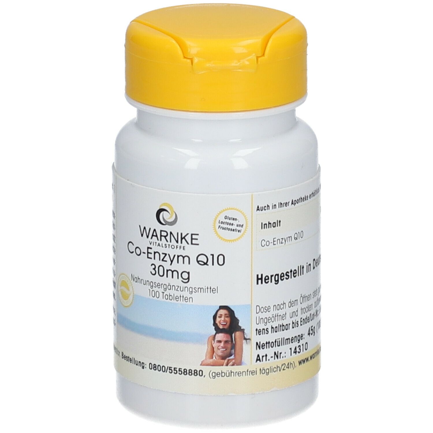 Flacone di compresse bianco con tappo giallo. Scritta: WARNKE Co-Enzyme Q10 30mg. 100 compresse. Prodotto in Germania.