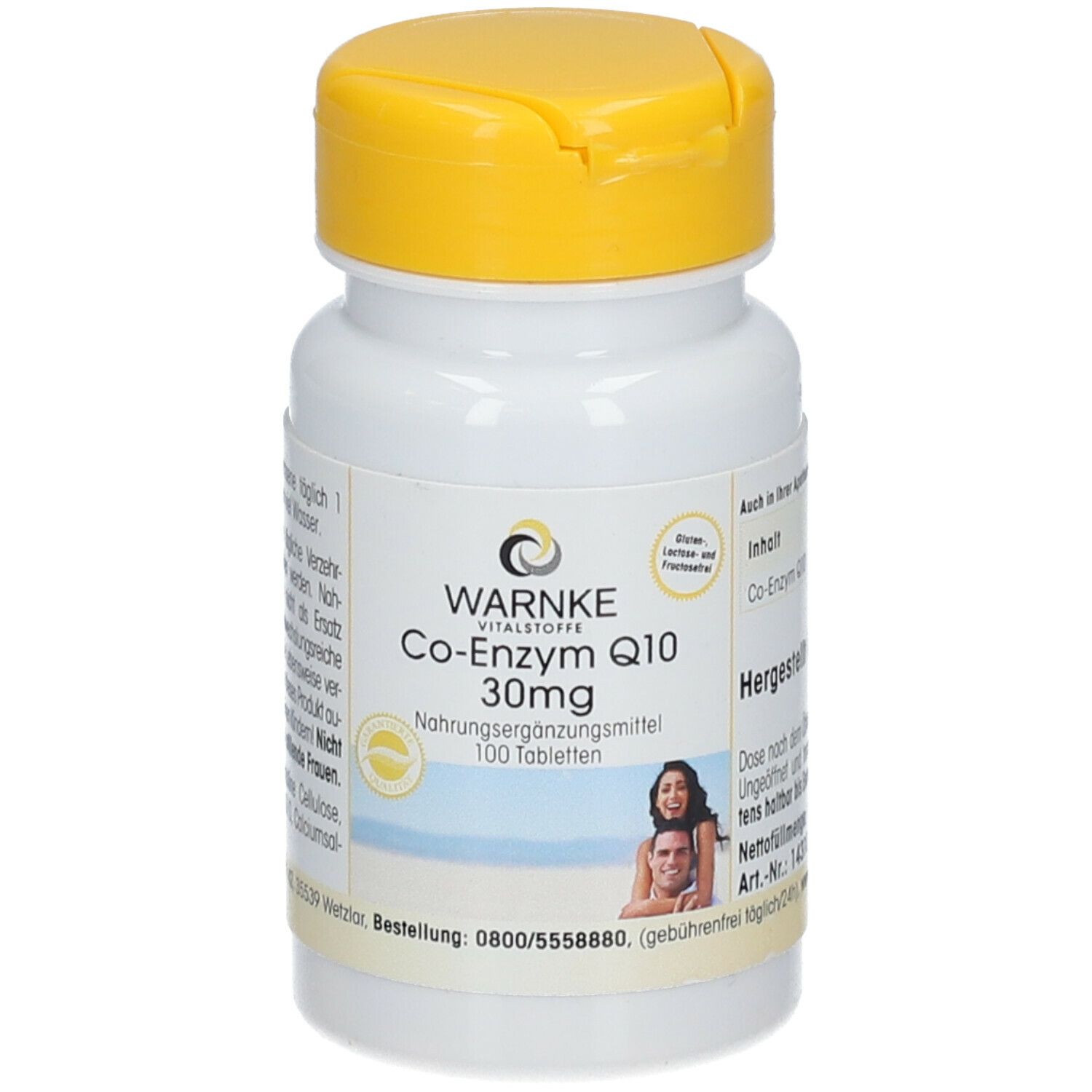 Flacone di compresse bianco con tappo giallo. Scritta: WARNKE Co-Enzyme Q10 30mg. 100 compresse. Con logo e immagine.