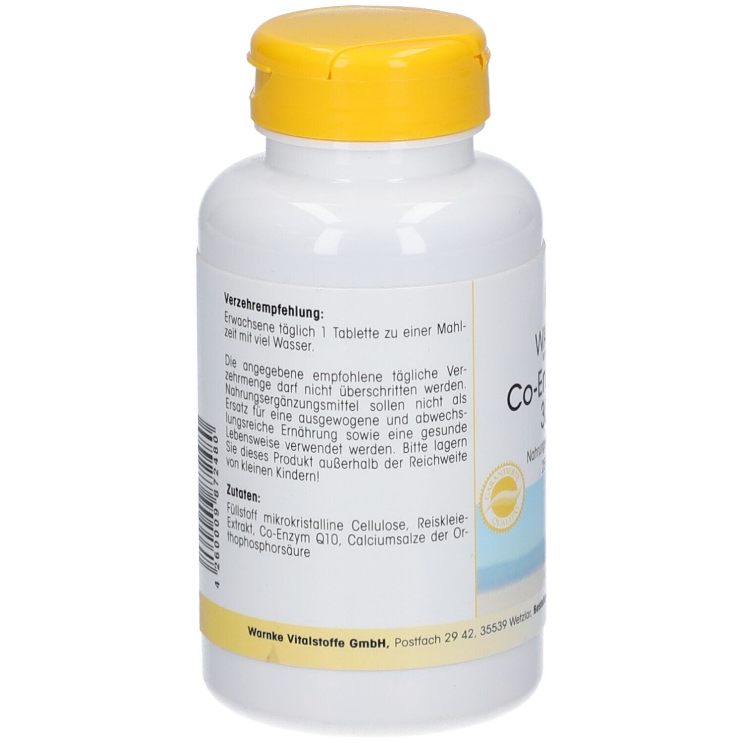 Retro del flacone bianco con tappo giallo. Testo sulle raccomandazioni per l'uso e gli ingredienti. Warnke Vitalstoffe GmbH.