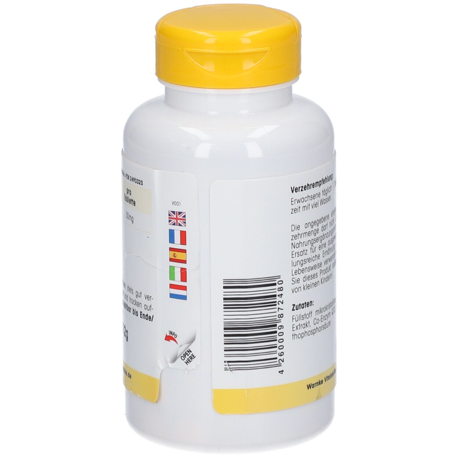 Retro del flacone bianco con tappo giallo. Testo, bandiere e indicazione di apertura. Warnke Vitalstoffe GmbH.