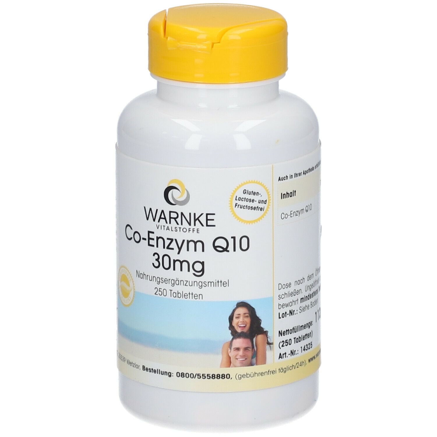Flacone bianco con tappo giallo. Scritta: WARNKE, Co-Enzima Q10 30mg, 250 compresse. Immagine di una coppia.