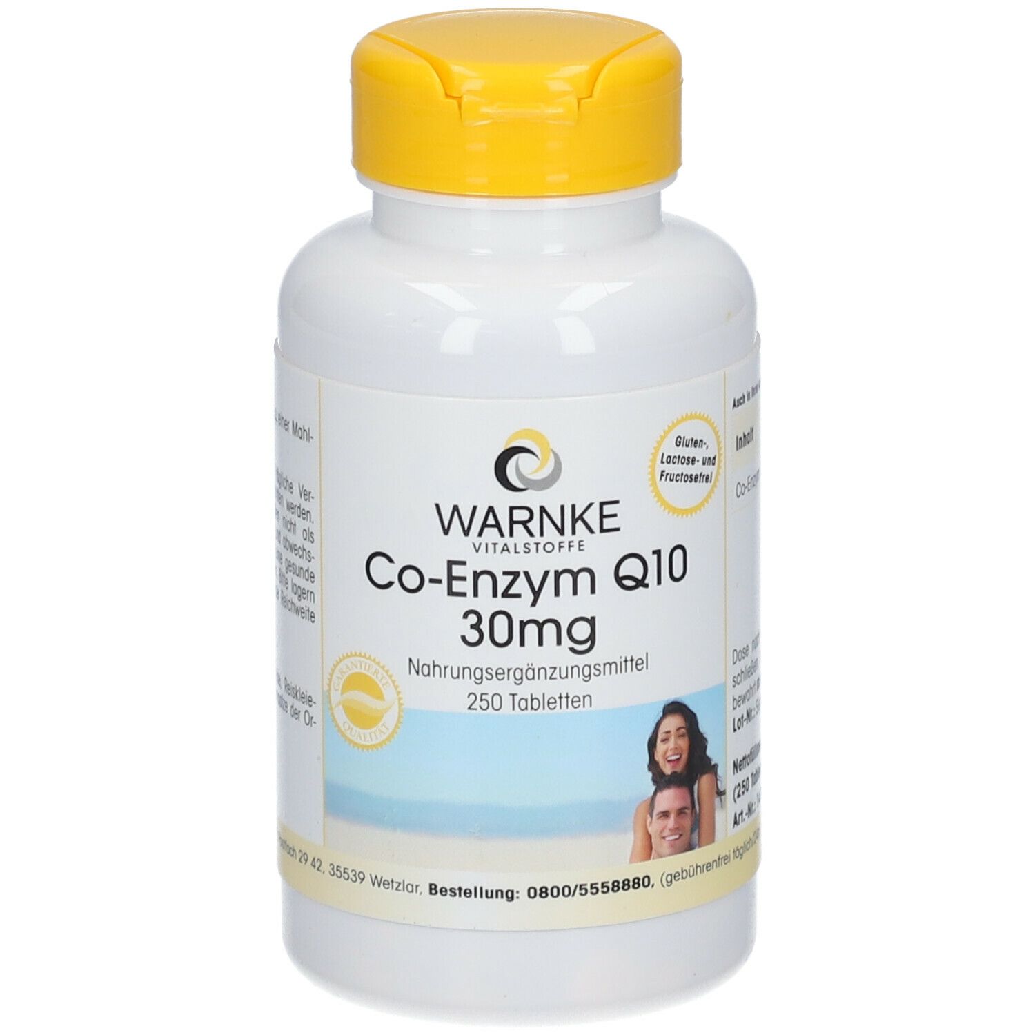Flacone bianco con tappo giallo. Scritta: WARNKE, Co-Enzima Q10 30mg, 250 compresse. Immagine di una coppia.
