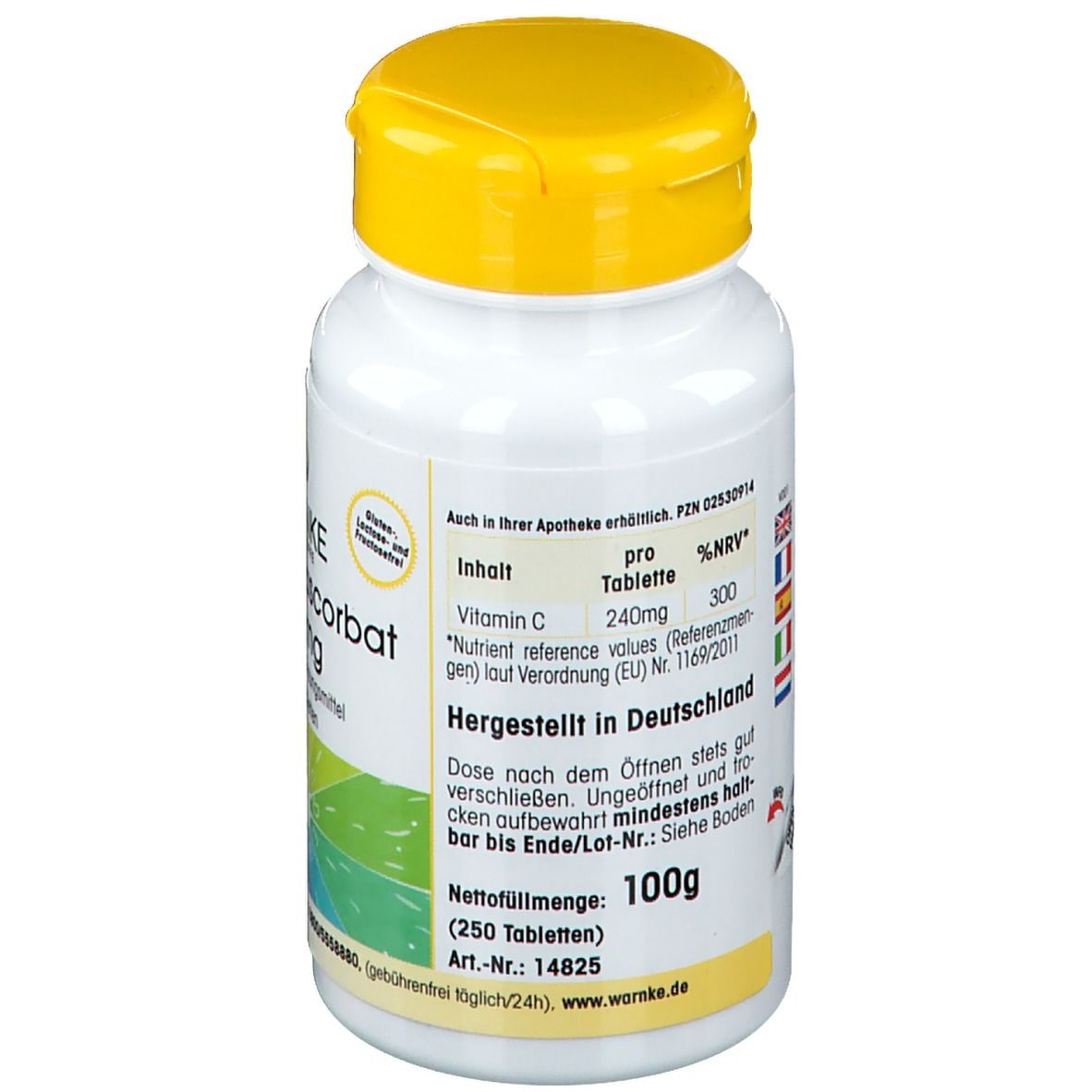 Retro del flacone bianco con tappo giallo. Informazioni sugli ingredienti e valori nutrizionali. Prodotto in Germania. 100g.