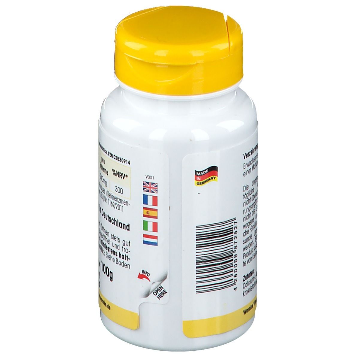 Retro del flacone bianco con tappo giallo. Informazioni sugli ingredienti e valori nutrizionali. Prodotto in Germania. 100g.