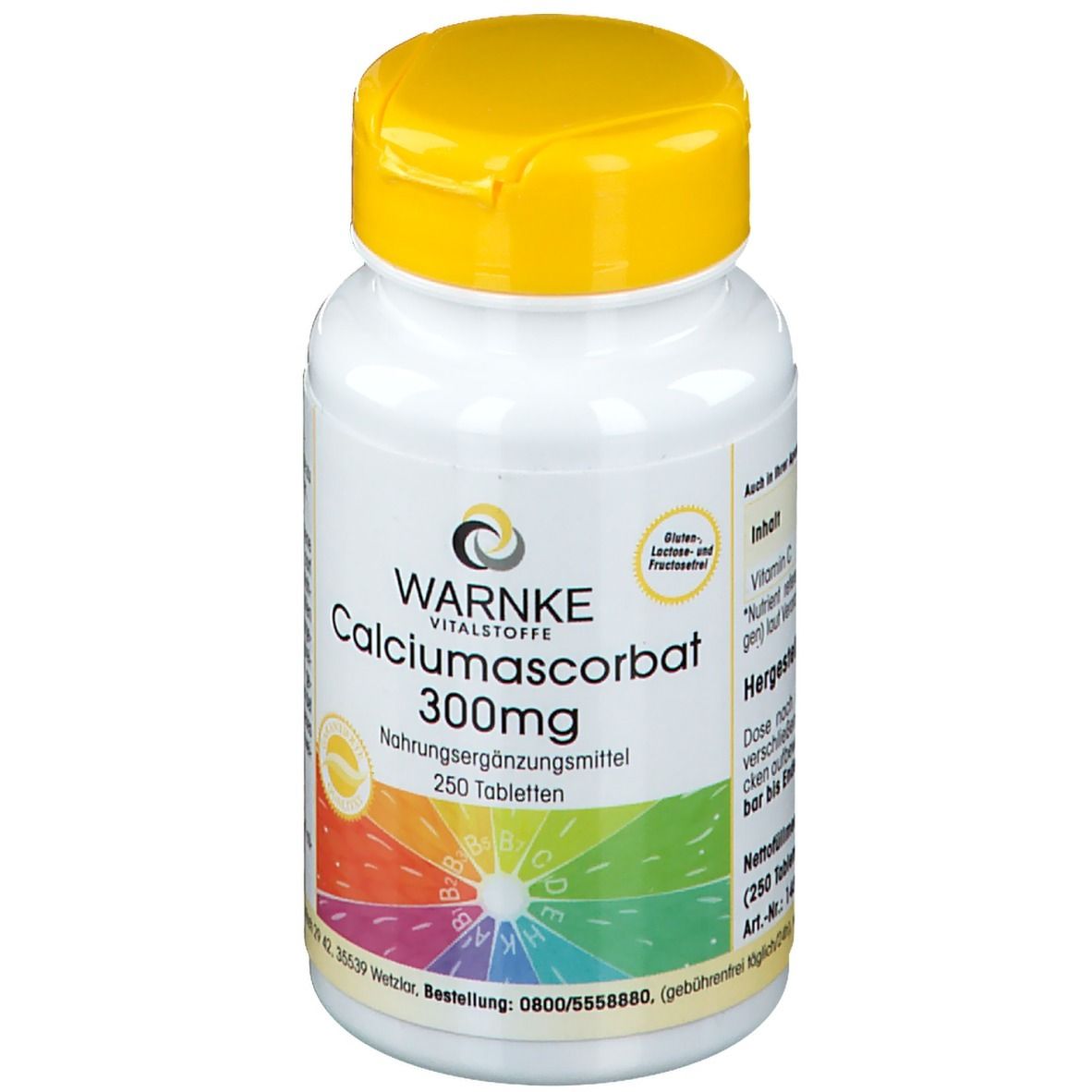 Flacone bianco con tappo giallo. Scritta: WARNKE Calciumascorbat 300mg. 250 compresse. Integratore alimentare.