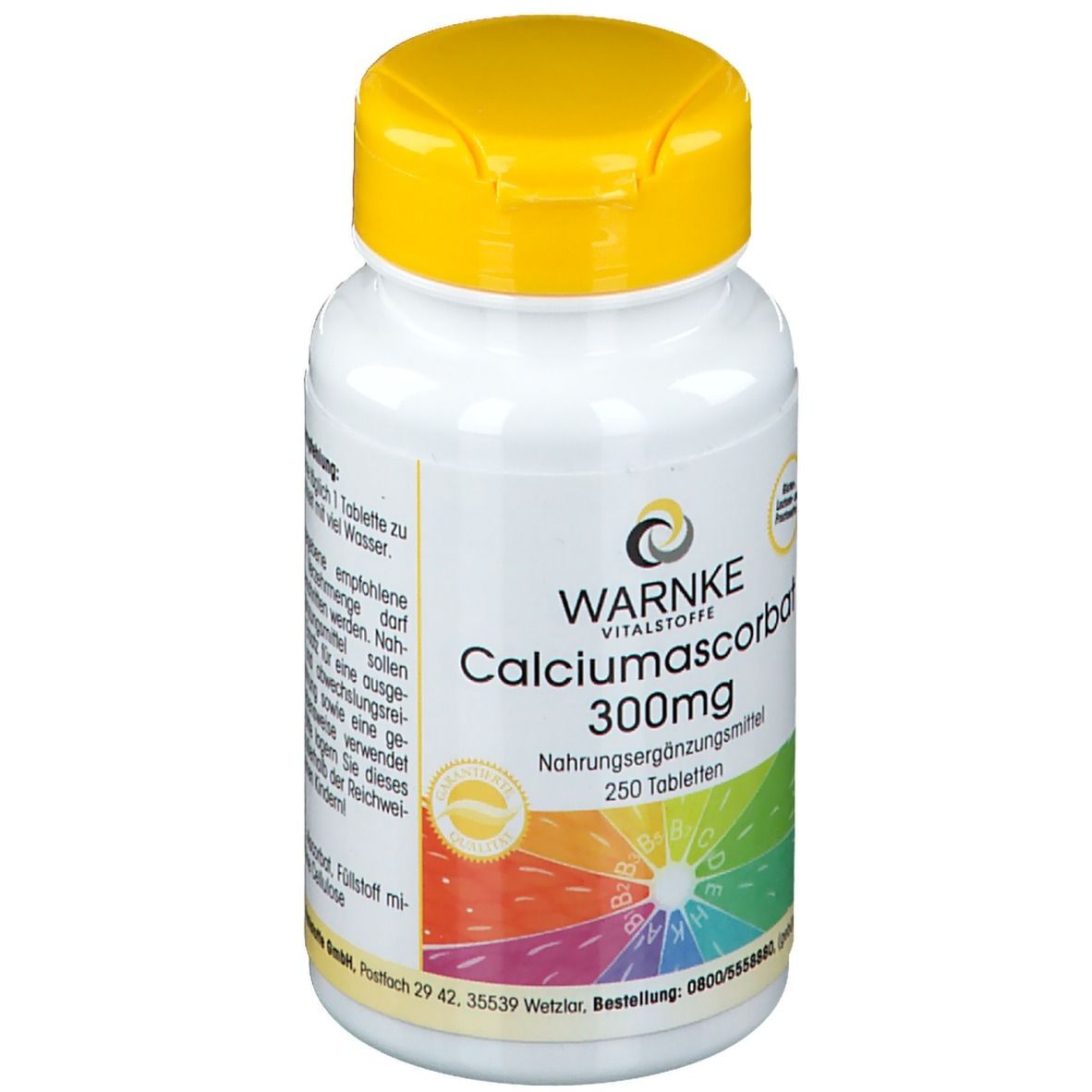 Flacone bianco con tappo giallo. Scritta: WARNKE Calciumascorbat 300mg. 250 compresse. Integratore alimentare.